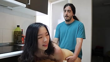 Chinese Beauty Studying Abroad Gets Hooked On A Huge Cock, Takes Advantage Of Her Boyfriend’s Absence To Get Railed Hard In The Kitchen By A Foreign Friend, Raw Creampie Deep Inside Her Tight Pussy.