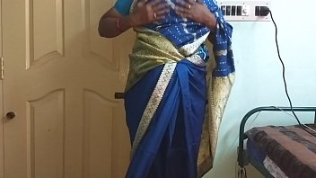 Desperate Indian Housewife In Blue Saree Fingering Her Shaved Pussy And Squeezing Her Big Tits